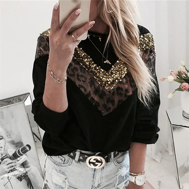 Свитшот женский с леопардовым принтом Модный худи блестками свободная толстовка