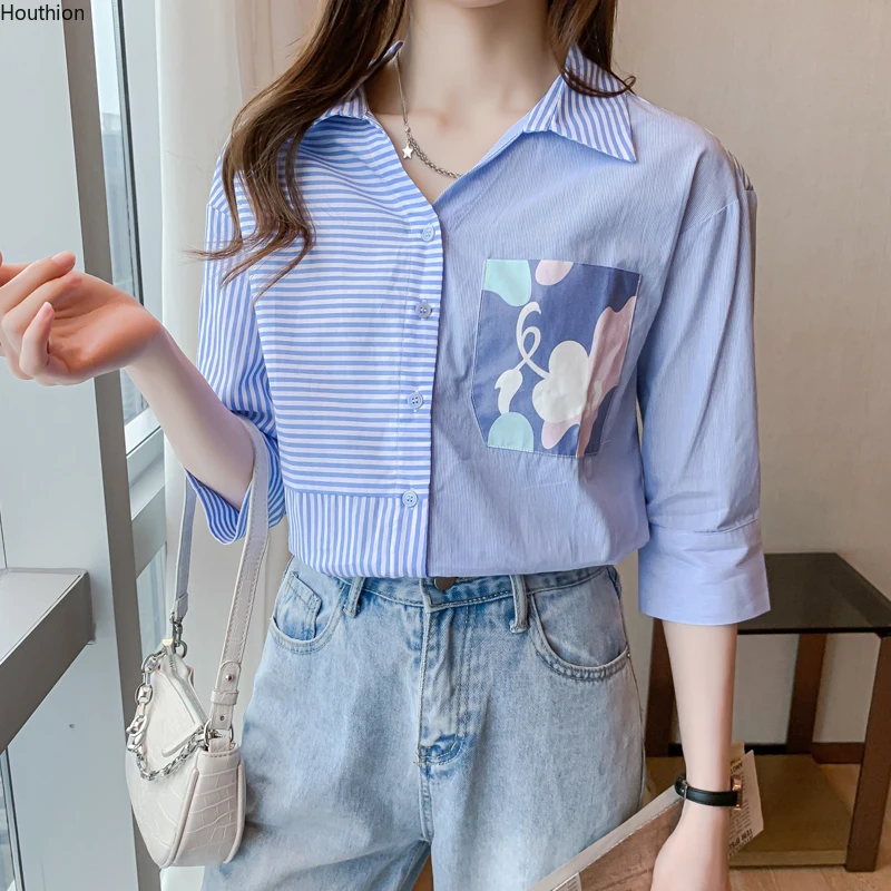 

Houthion Chiffon Slim Women's Blouses Fashion Half Sleeve Top New Casual Blouse Stripe Pocket Buttons Shirt Summer Lady Blusas