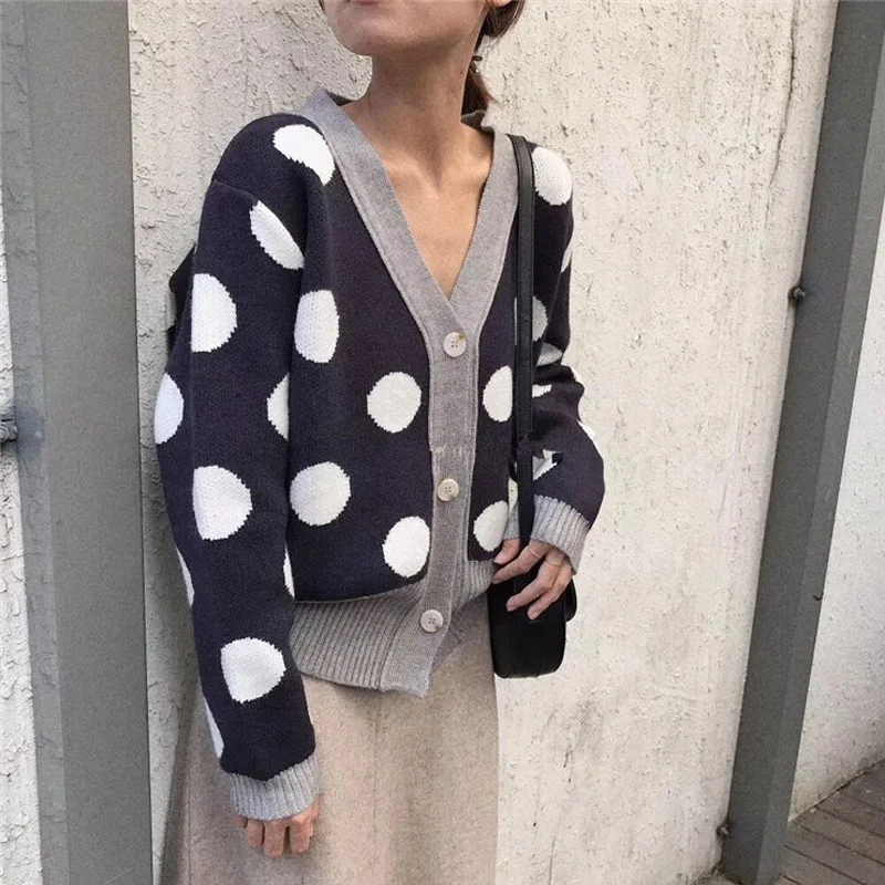 Autumn Winter Sweater Cardigan Women Vintage Loose V-neck knitted Open Stitch Jumpers Female Thicken Dots Knit Tops 2019 |