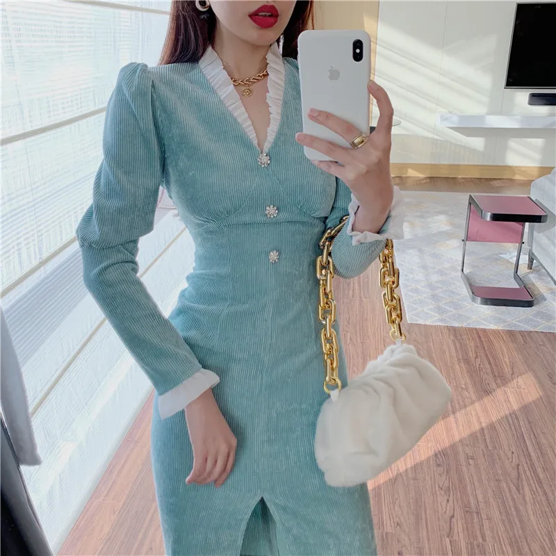 Женское вельветовое платье-карандаш с V-образным вырезом и пышными рукавами |