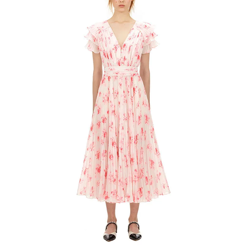 

Элегантная драпировка с цветочным принтом Длинные платья для женщин летние 2020 взлетно-посадочной полосы дизайнеры V образным вырезом с кор...