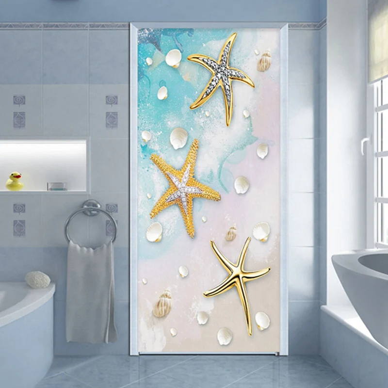 

3D Wall Door Sticker Modern Blue Mediterranean Golden Starfish Shell Vinyl Door Murals Bathroom Kids Bedroom Self-Adhesive Decal