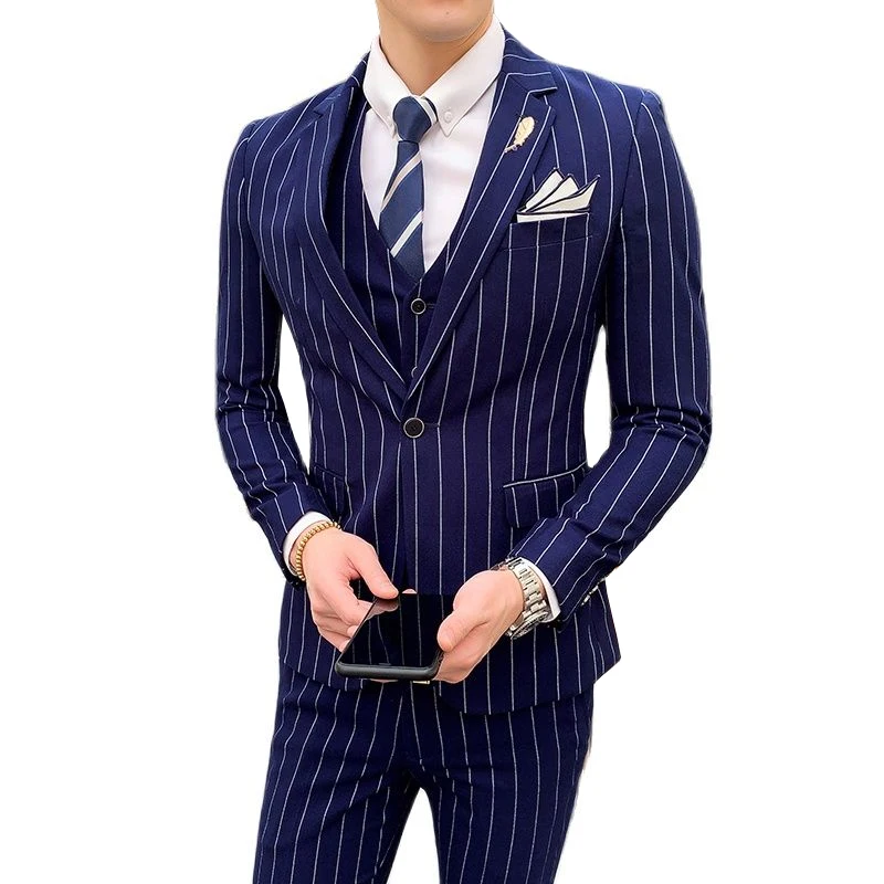 

Мужской деловой костюм в полоску (пиджак + жилет + брюки), Свадебный костюм жениха из 3 предметов, черный/серый/темно-синий костюм для шоу
