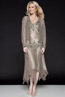 with jacket mother of the bride dresses a line tea length chiffon beaded plus size short groom mother dresses for wedding