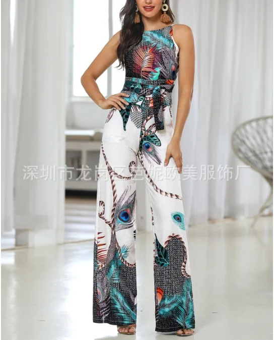 

2021 bodysuit Women Fashion Feather Printed Sleeveless With Pocket Simple Beach Ladies Wide Leg long Jumpsuits Holiday