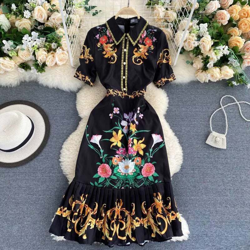 

OL Retro Palace Style Print Ruffles Dress Summer Women Elegant Shirt Collar Femme Vestidos Chic Button High Waist Party Dresses