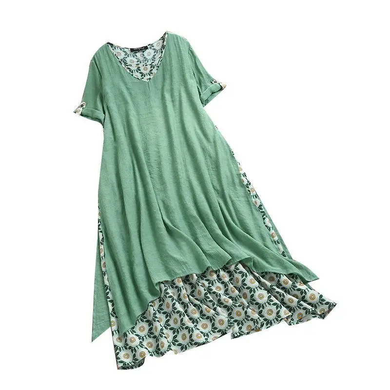 

M-4XL Big Size Women Summer Dress Floral Patchwork Bohemian Long Maxi Dress Vintage Cotton Linen Dress Casual Plus Size Dresses