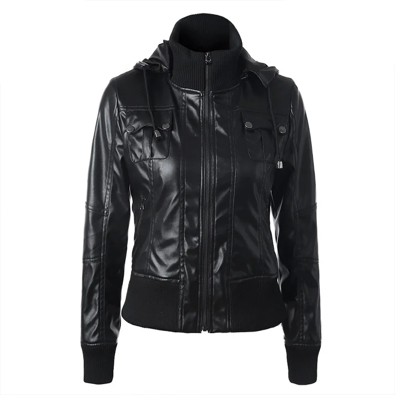 

European and American beauty rib stitching hooded drawstring high neck zipper PU leather motorcycle jacket women