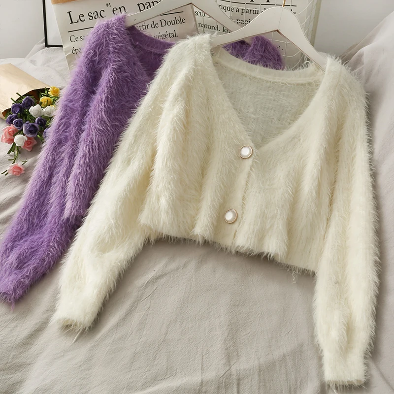 

2021 Spring Fall Soft Mohair Sweater Korean Elegant Two-button Short V-neck Cardigan Women Sweet Versatile Long-sleeved Sweaters