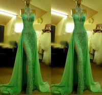 2020 emerald green lace evening dresses high neck with crystal arabic evening party gowns long side slit dubai prom dresses