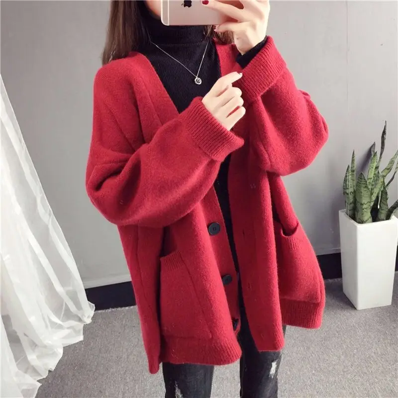 

Women 2020 Autumn Winter Solid Color V-neck Sweater Cardigans Female Fashion Casual Loose Soft Coat Ladies Thicken Outwear S49