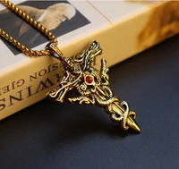 stainless steel jewelry double chinese dragons sword titanium steel necklace pendant vintage punk cross lucky stylish guys acce