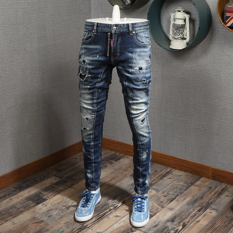 European American Street Fashion Men Jeans Retro Blue Elastic Slim Ripped Jeans Men Painted Designer Hip Hop Denim Punk Pants