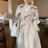 autumn women high end windbreaker coat 2021female new draw back long section the knee british style casual all match jacket a498
