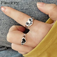 foxanry 925 sterling silver black love heart rings for women new fashion cute cartoon face thai silver rock party jewelry gifts