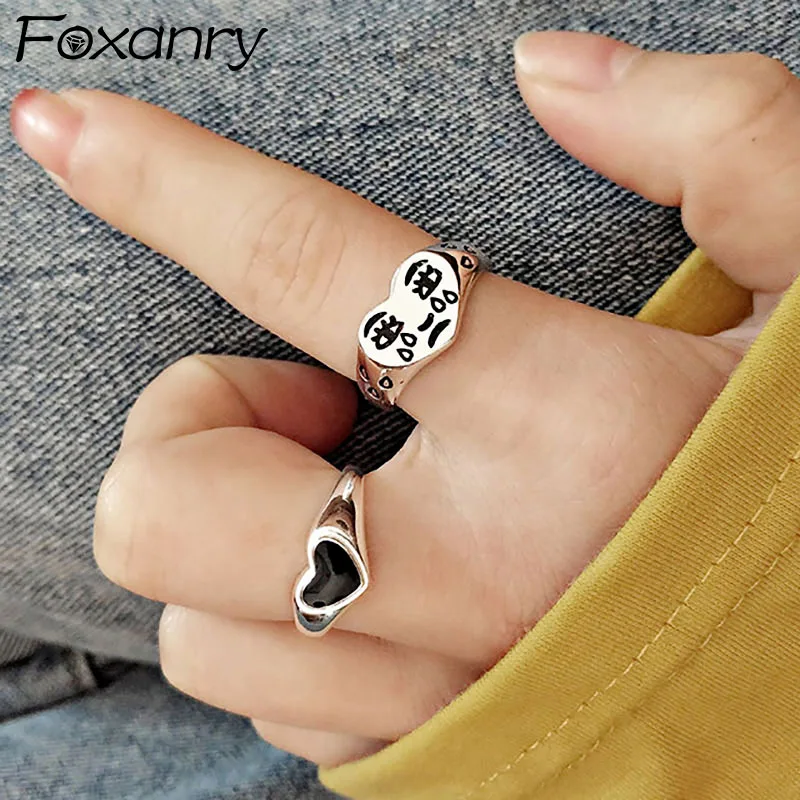 Женское кольцо Foxanry из серебра 925 пробы с черным любовным сердцем|Кольца| |
