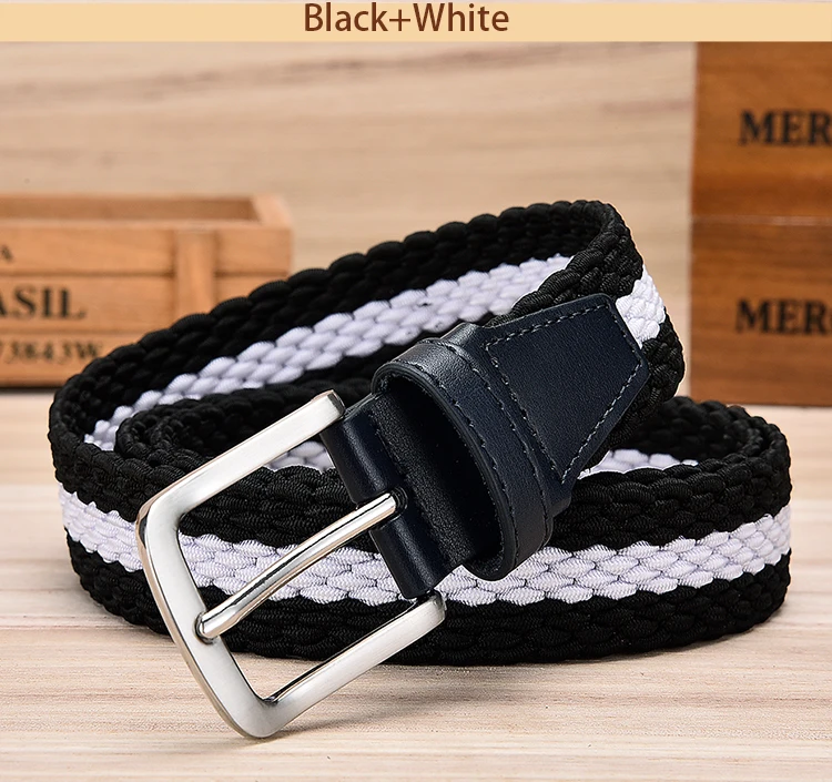Fashion Casual Stretch Woven Belt With Leather Tip Top Elastic Belts For Men Jeans Mixed Color Braided Strap Zinc Alloy Buckle