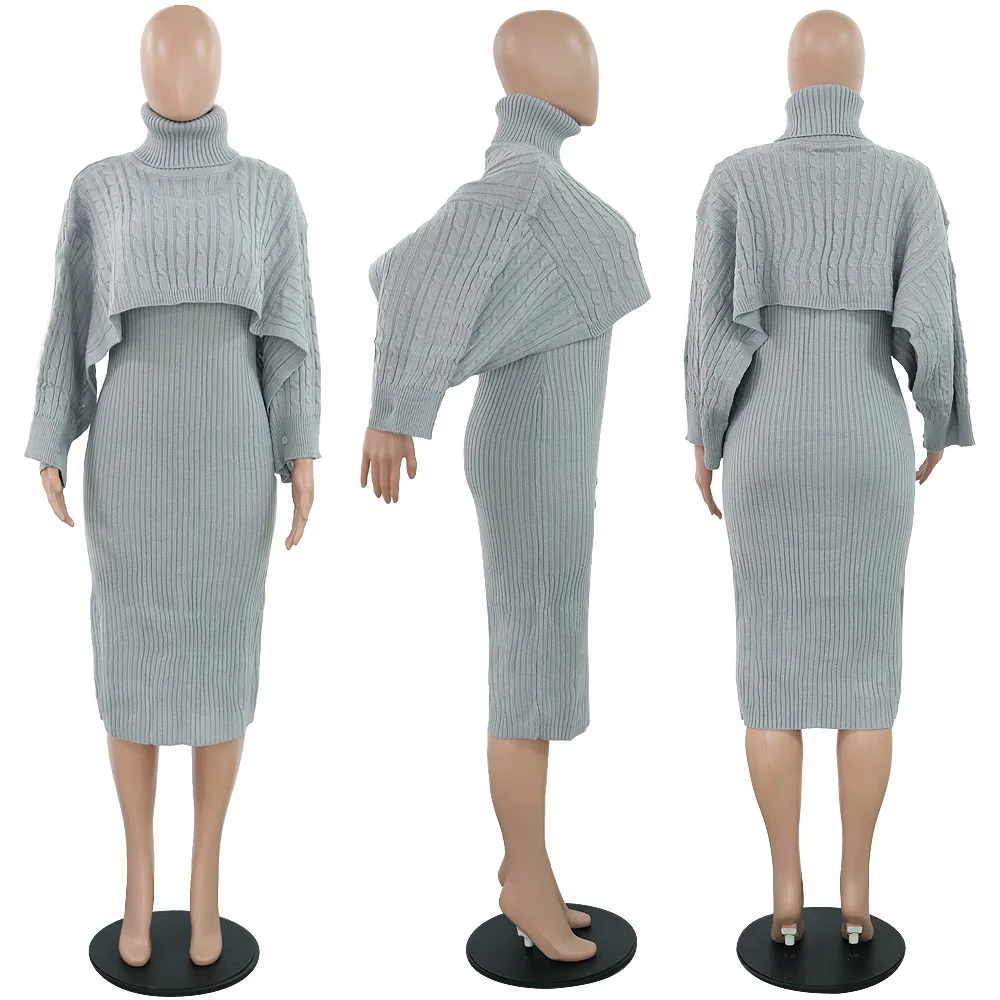 

Women Winter Turtleneck Long Sleeve Sweater Dress Fashion Autumn Warm Bodycon Plus Size Midi Knitted Dresses Two Piece Set Lady