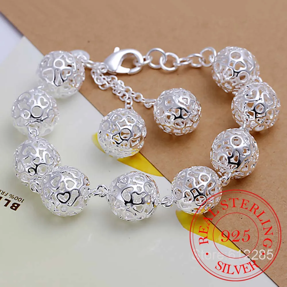 

Женские Ювелирные украшения 20,5 см браслет 925 пробы серебро полый шар шарм 14 мм цепь браслет ювелирные изделия Жесткий браслет де Прата