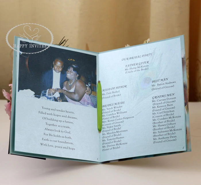HI9002 Пользовательские Свадебные программы книга с печать на заказ и Павлин перо украшение заводская цена на выход