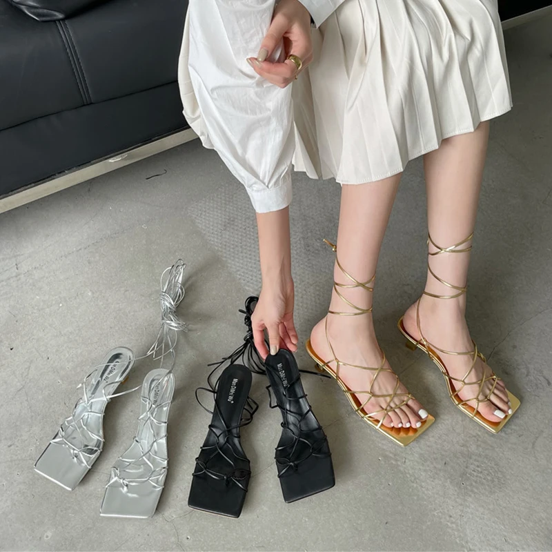 

Xiuningyan Fashion Women Sandals Thin Low Heel Ankle Strap Rome Sandal Summer Gladiator Casual Sandal Narrow Band Shoes Size 40