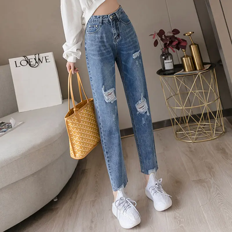 

2020 Summer Thin Hole High Waist Jeans Women's Loose Straight Pants Students' Straight Pants Tide