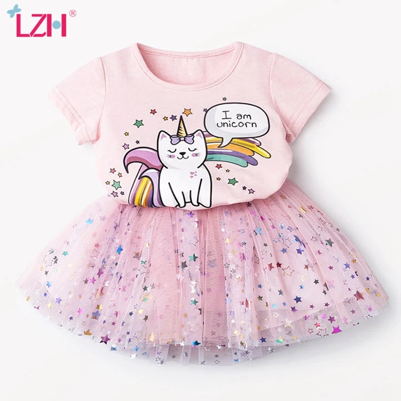 Детская одежда футболка с единорогом + сетчатая юбка летний костюм для маленьких