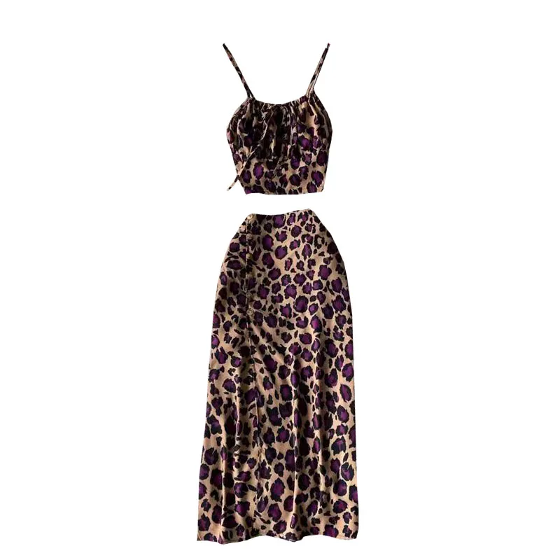 

of flavour with chic leopard grain short navel condole belt vest fashion two suit to open fork bust skirt of tall waist