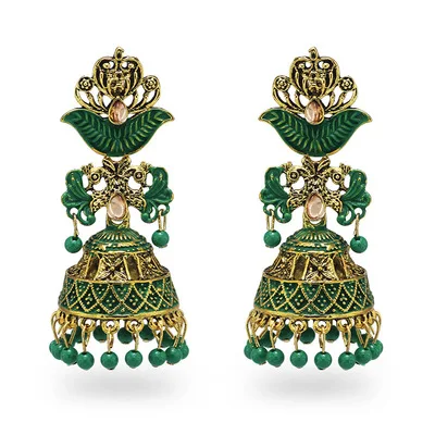 

Emerald Earrings Ethnic Women's Indian Jhumka Earring Afghan Gypsy Jewelry Boho Gold Alloy Leaf Carved Bell Tassel Drop Earrings