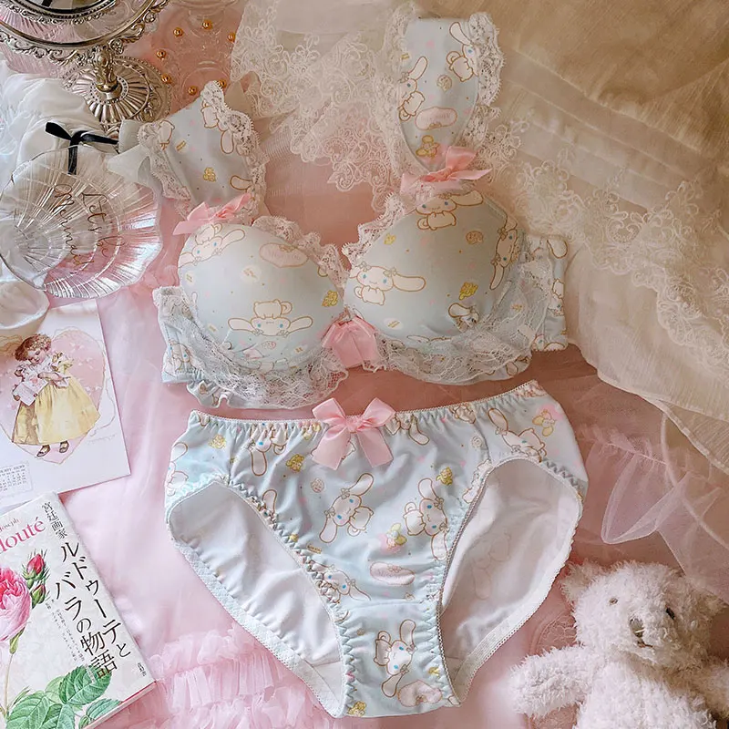 Soft Sister Japanese Girl Heart Rabbit Ears Underwear Loli Lace Edge Bow Bowprincess Cute Gather Thickened Steel Ring Bra Set