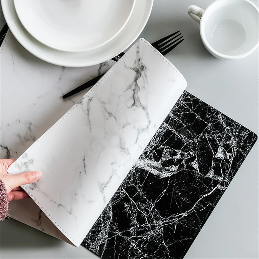 Placemat 45X32CM Luxury PU Leather Waterproof Table Mat Black White Marble Pattern Placemat for Dining Table Water Coasters Home