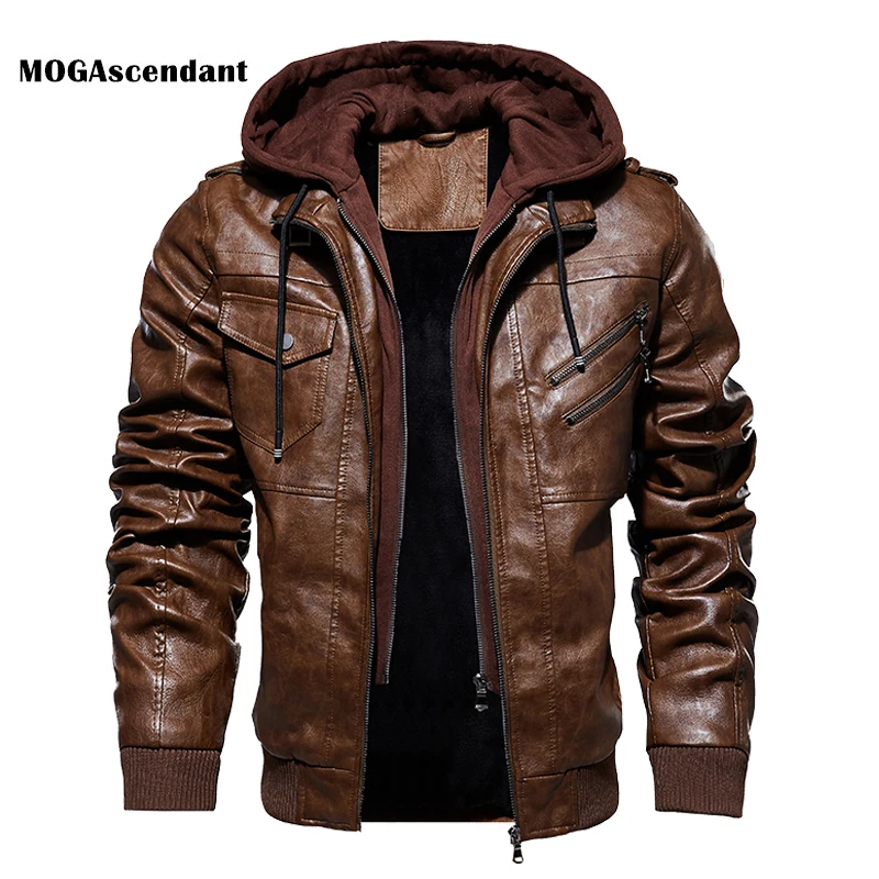 Winter Warm Fleece Leather Jackets Outdoor Coats Men's Autumn Thicken Hat Detachable Leather Jackets Outwear Motorcycle  Jacket