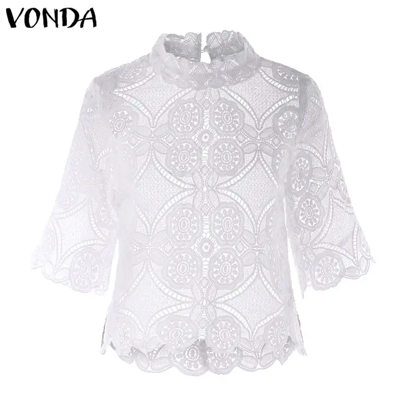 White Женские рубашки, женские блузки и топы,, VONDA, Модные женские сексуальные кружевные блузы, женские офисные топы с круглым вырезом, открытая туника - Цвет: White