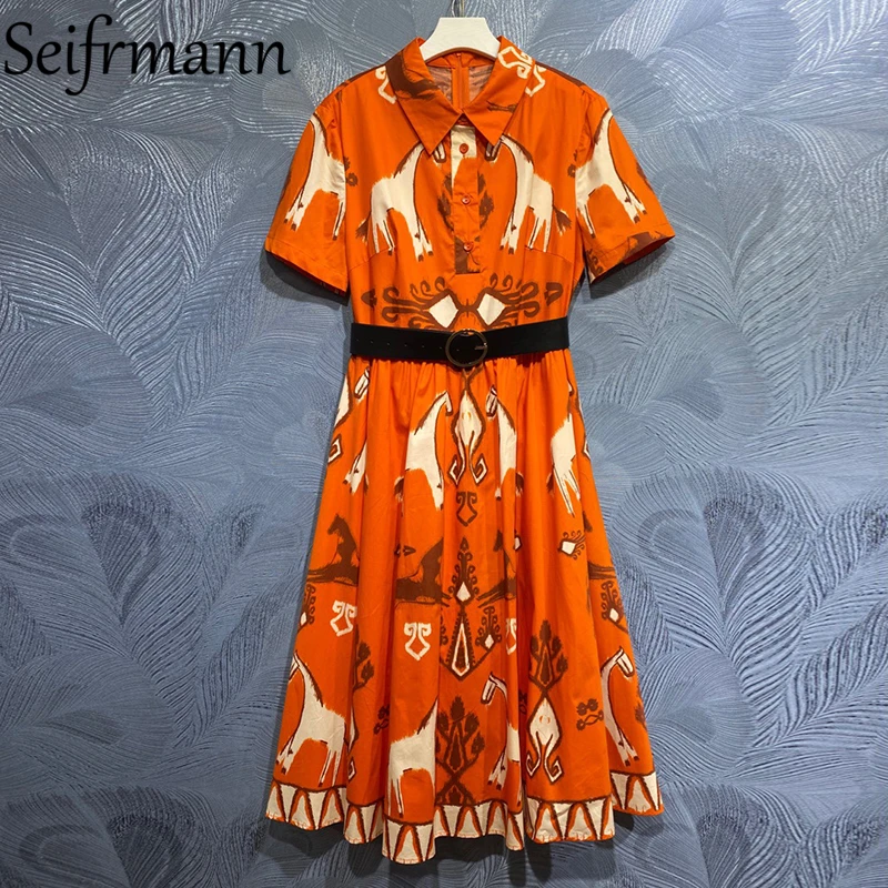 

Seifrmann New 2021 Summer Women Fashion Runway Cotton Dress Short Sleeve Sashes Vintage Print Ladies Party Midi Dresses Vestidos