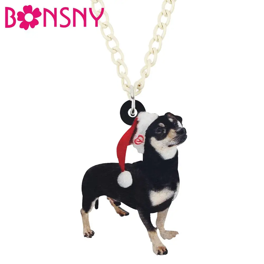 

Bonsny Acrylic Christmas Hat Chihuahua Dog Gift Box Necklace Pendant Chain Animal Jewelry For Women Girls Teens Decorations Gift