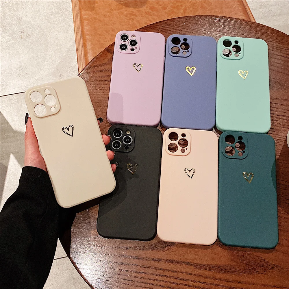 

USLION Love Heart Camera Protection Phone Case For iPhone 11 12 13 Pro Max Mini 7 8 Plus X XR XS Max Candy Color Soft TPU Cover