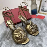 luxury 2021 new summer leather high heeled gold stiletto sandals female low heeled camellia flower sandals and slippers shoes