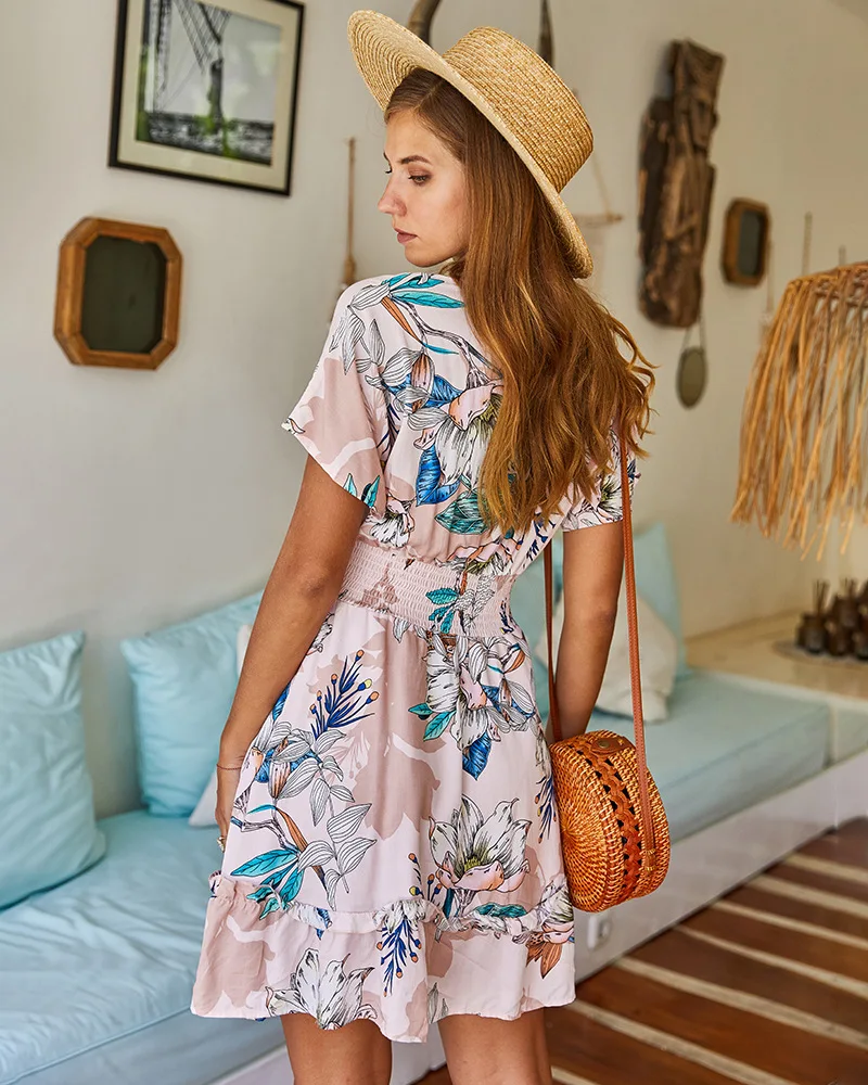 

2021 Women Summer Casual Short Sleeve Printed Elastic Waist Pullover MIni A-line Dress