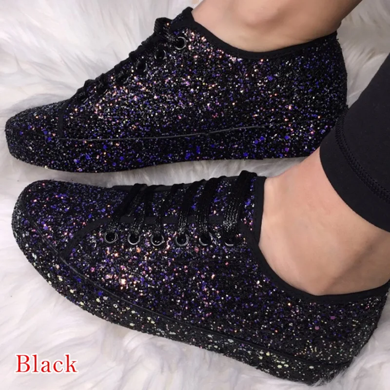 

Heflashor Women Lace Up Sneakers Glitter Autumn Flat Vulcanized Ladies Bling Casual Female Fashion Platform Plus Size Shoes 2020