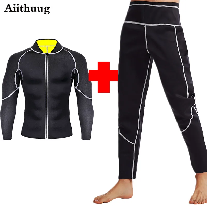 Aiithuug-conjuntos ajustados de Sauna para hombre, chaqueta de sudor, camisas de manga larga para entrenamiento, cremallera, Neopreno, Top adelgazante, moldeador corporal