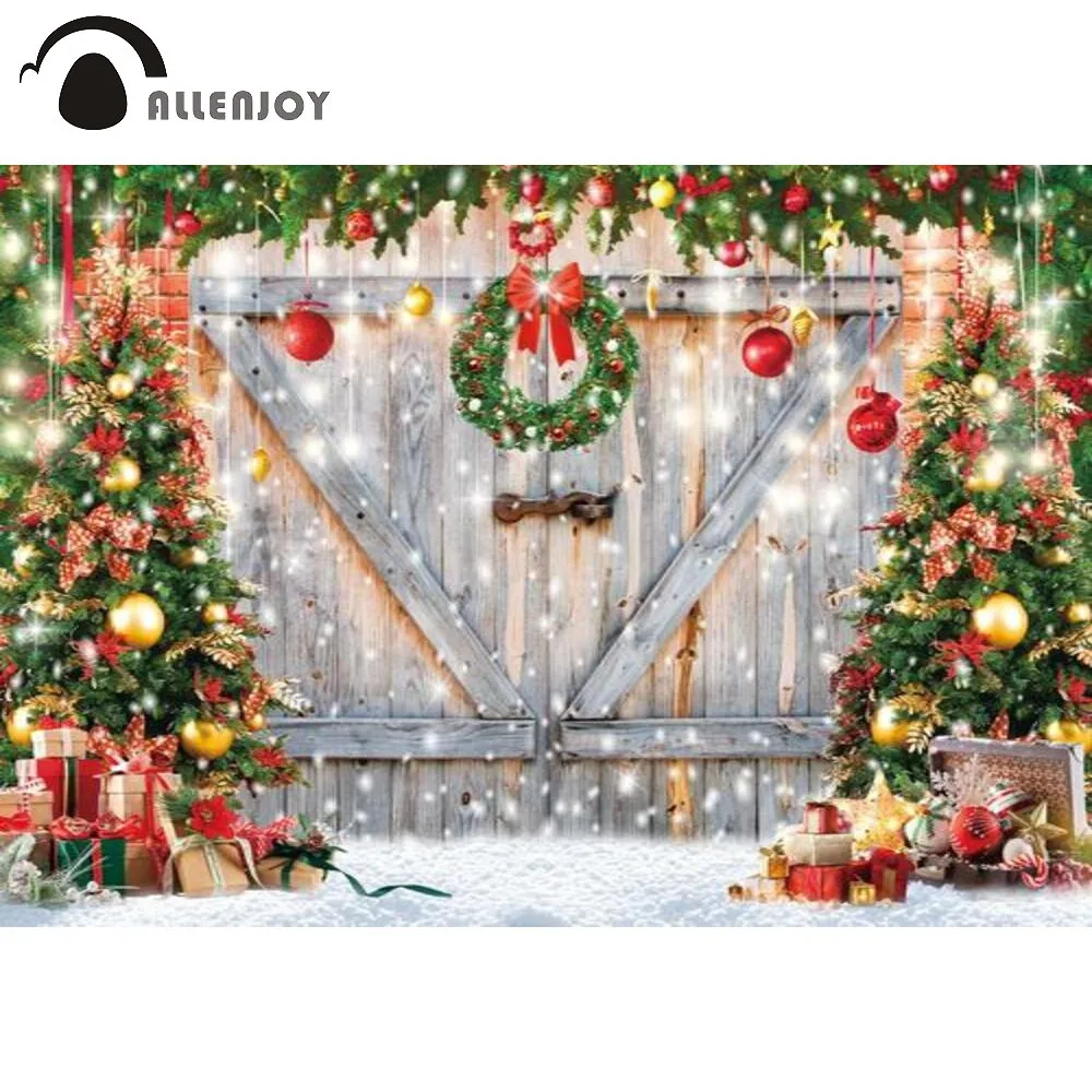 

Allenjoy Winter Christmas Party Barn Wood Wreath Trees Background Snow Scenery Gold Bells Dots Lights Gifts Photophone Backdrop