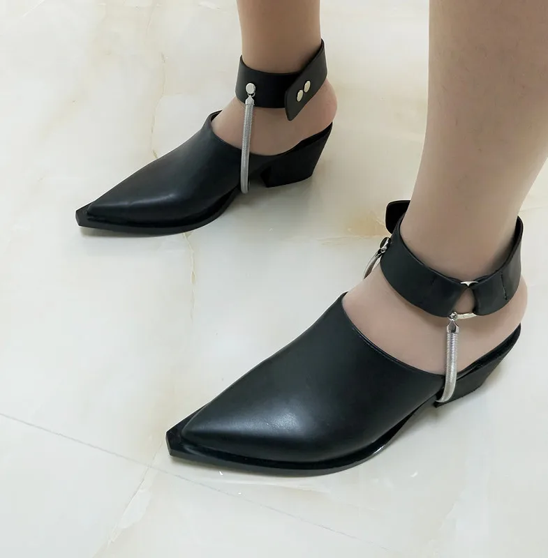 

Women Sandals Woman Chain Shoes Pointed Toe Heels Ladies Sexy Closed Toe Slides Female Soft Brand Sandals Black Zapatos De Mujer