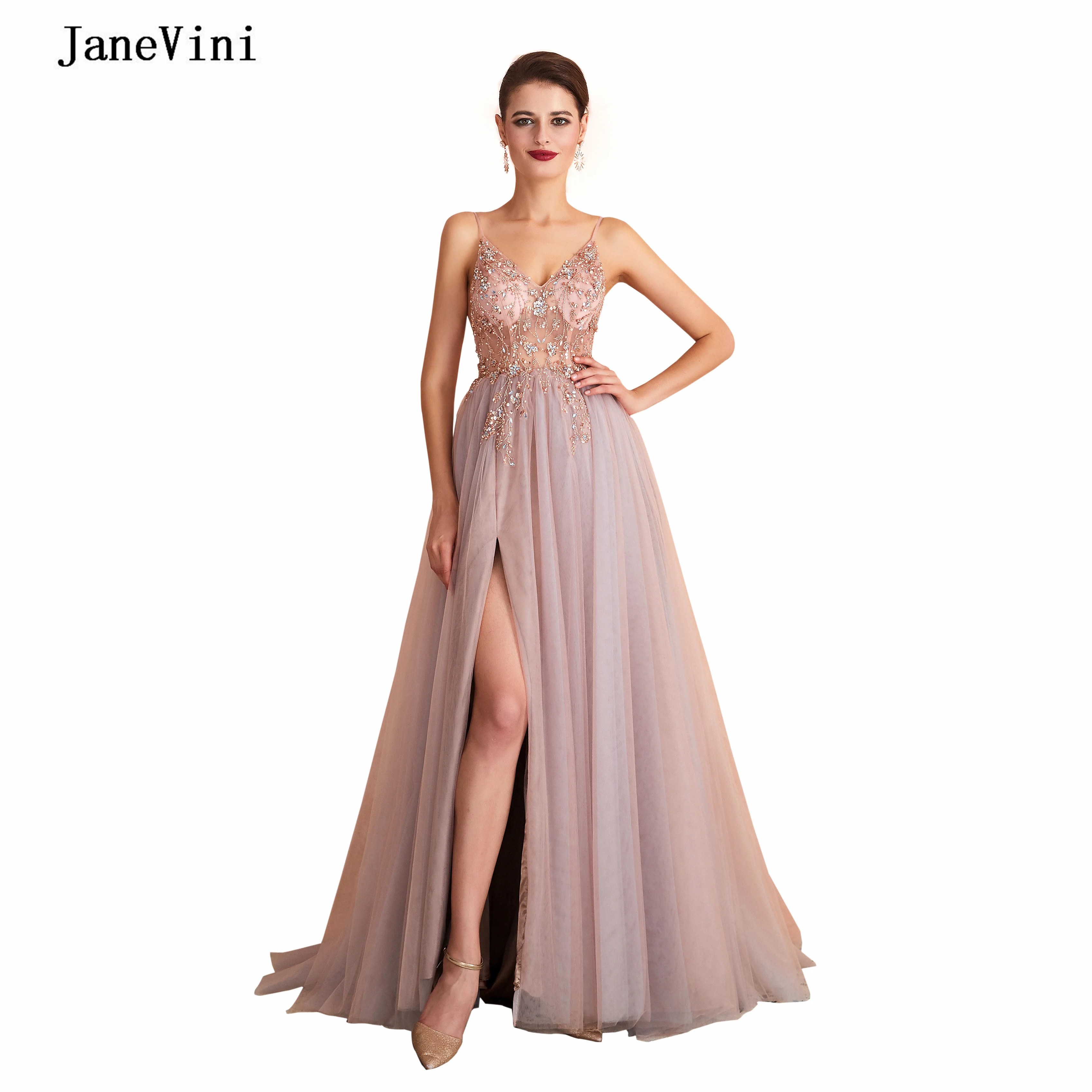 

JaneVini/сексуальные длинные платья с v-образным вырезом для выпускного вечера трапециевидной формы 2019, на тонких бретелях, с бисером, без рукав...