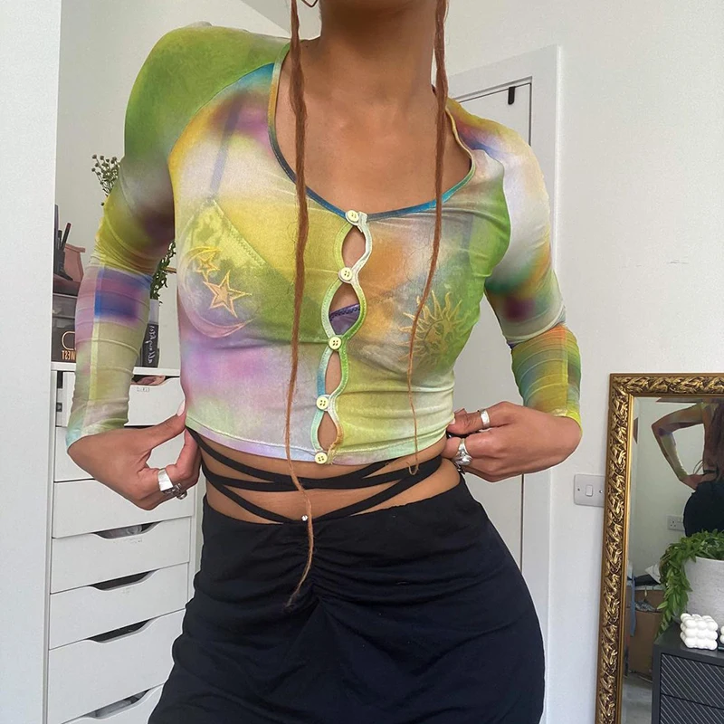 

Tie Dye Printed Y2K Crop Top Women's Mesh T-Shirt Fashion Chic 2021 Long Sleeve Button Up See Through Party Tee Shirt Beachwear