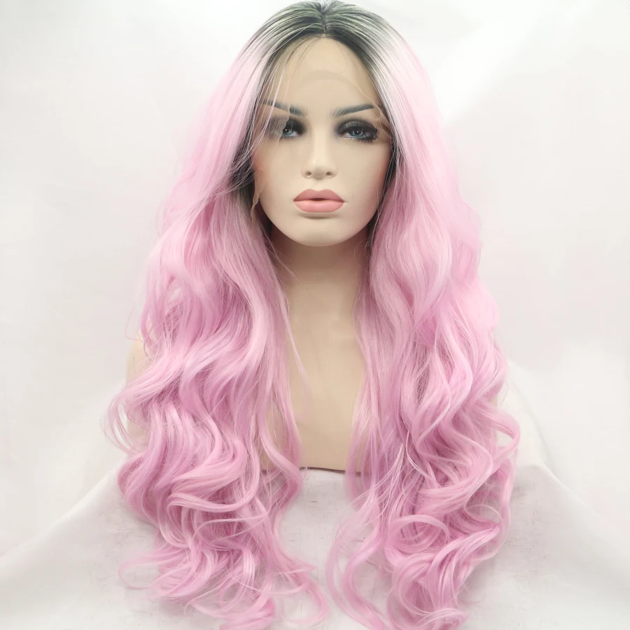 Парики Омбре черные розовые длинные волнистые синтетические волосы на шнуровке