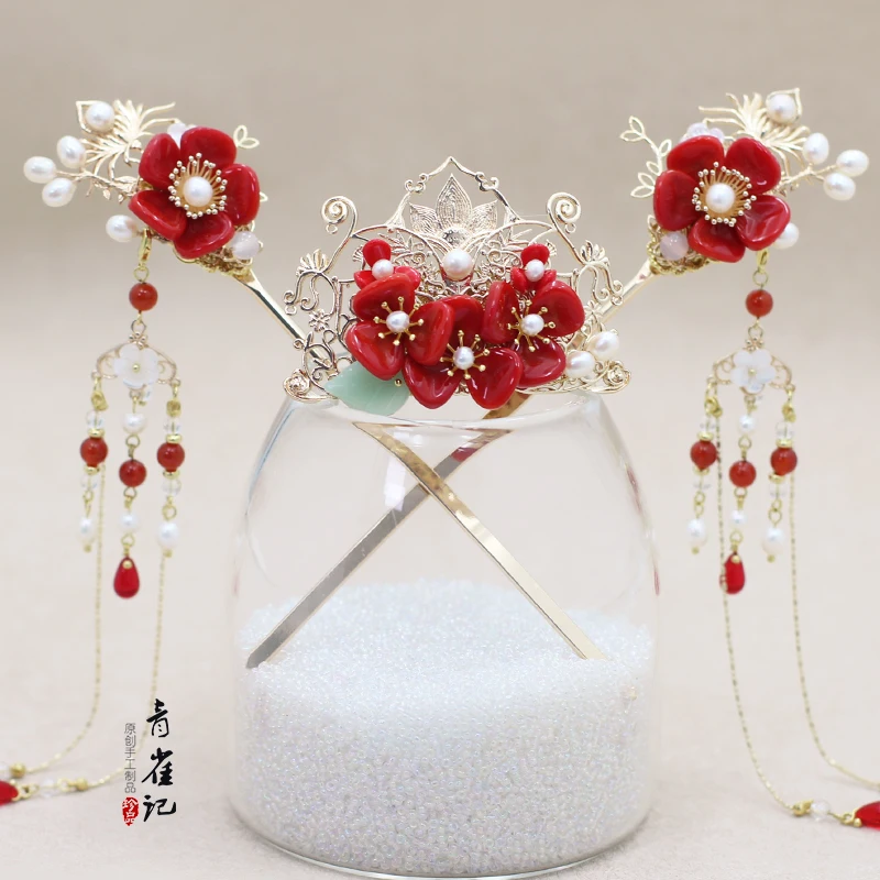 

Greenish Blue Handmade Hairpin Marriage Wedding Chinese-style with Tassels Hairpin Tuinga a Set of Broom Flowers
