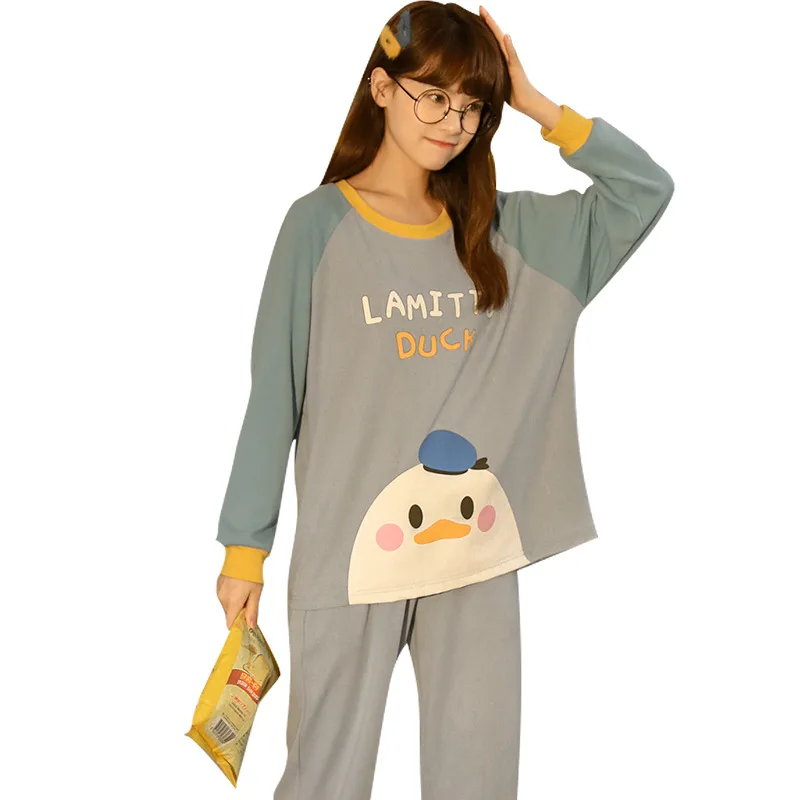 

Cute penguin Cartoon Sleepwear Women Cotton Long Sleeve Pijamas Casual Oversized Homewear Refreshing Blue Women's Pajamas Set