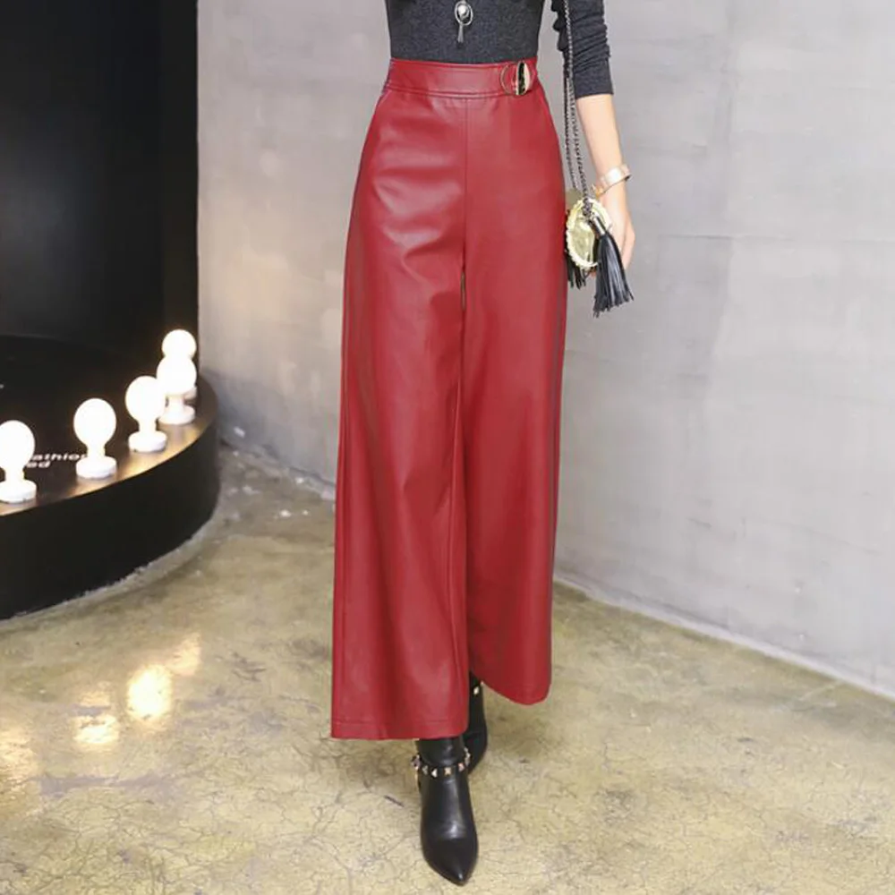 Women' s PU Leather Trousers 2022 Autumn Fashion OL Wide Leg Pants Casual Solid Bottoms Femme Pantalon | Женская одежда