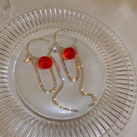 funny red color transparent resin cherry pendant earrings for women girls long shiny rhinestone tassel earrings accessories