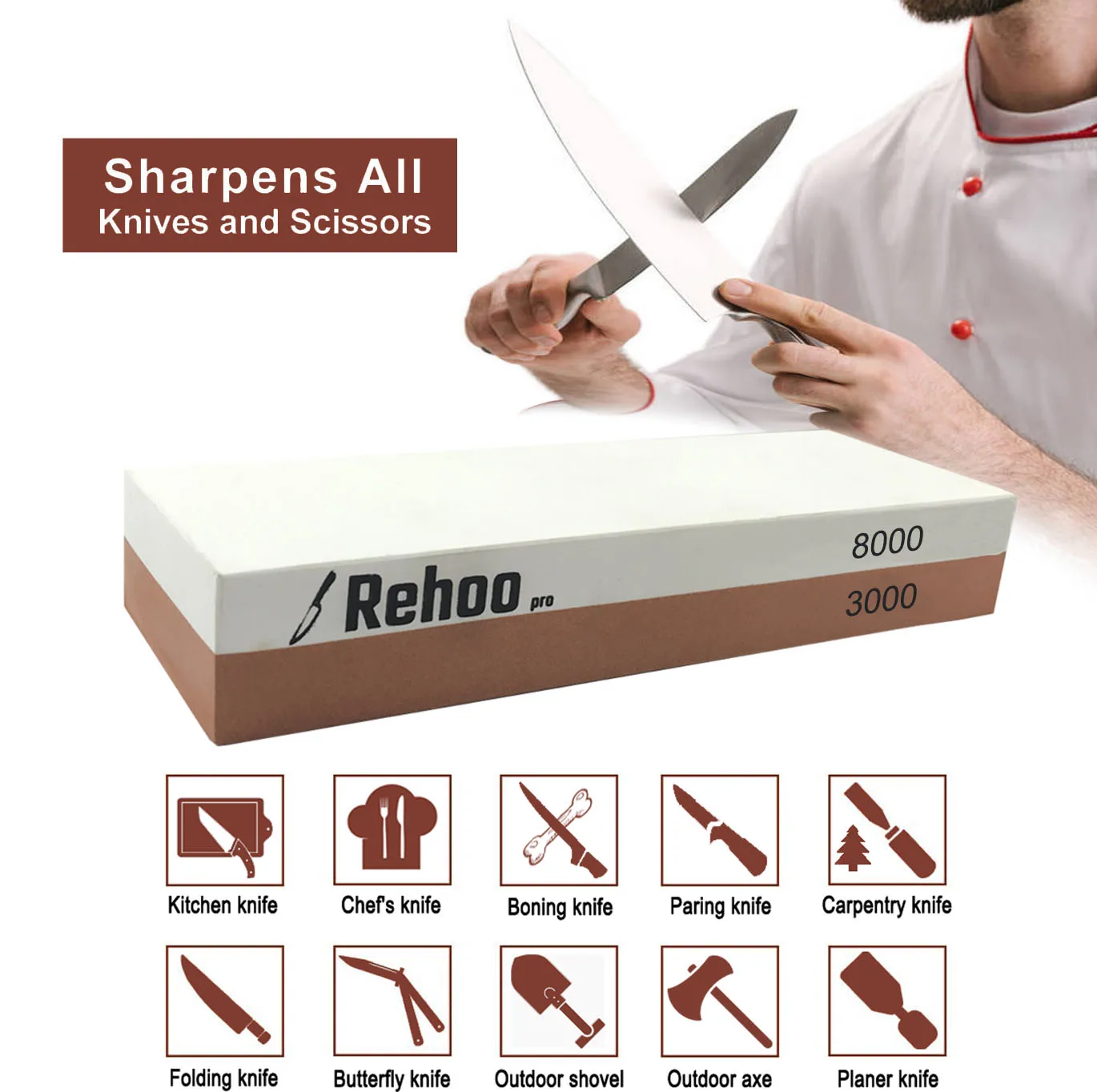 Rehoo-piedra de afilar de doble cara, 3000/8000 malla + almohadilla de goma antideslizante, piedra h&uacute;meda de Chef para cuchillos, cuchillas, piedra resistente al agua, dispositivos de cocina-3